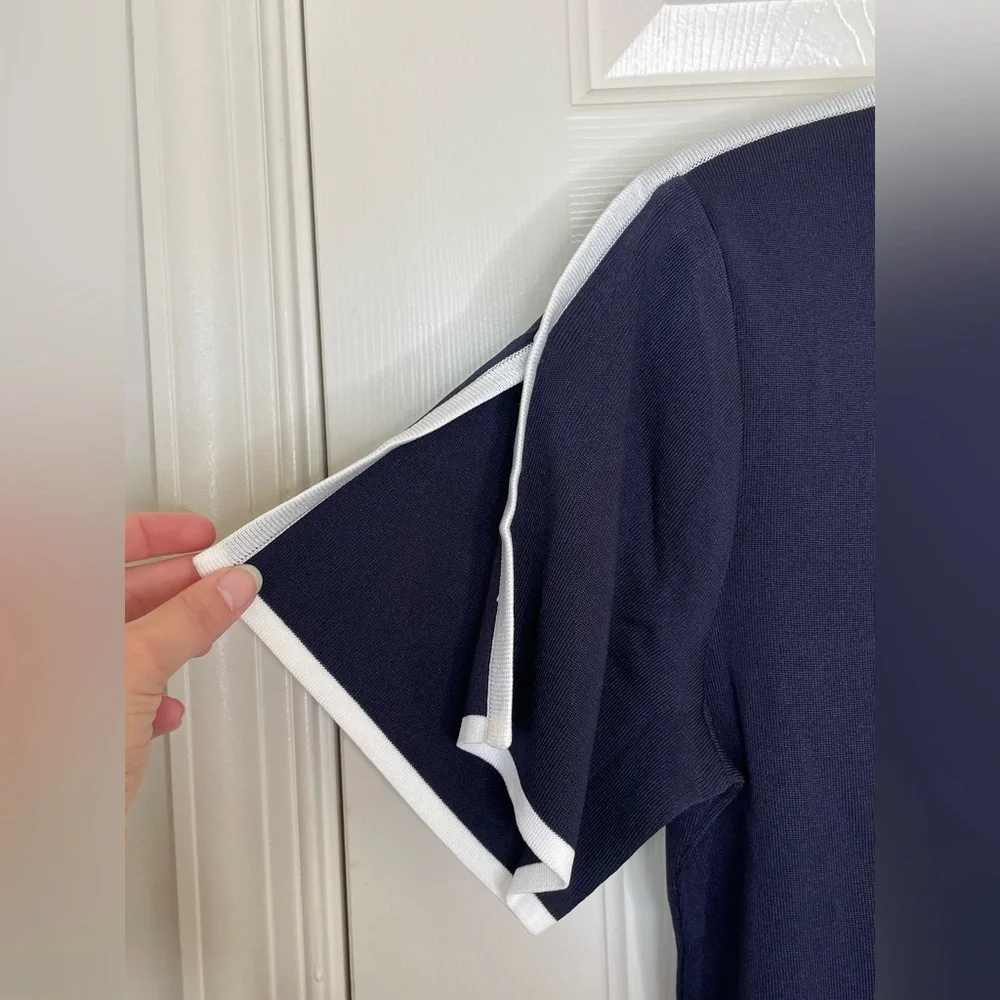 Misook Navy Blue White Trim Short Sleeve Knit Blouse Top | M - Picture 3 of 10